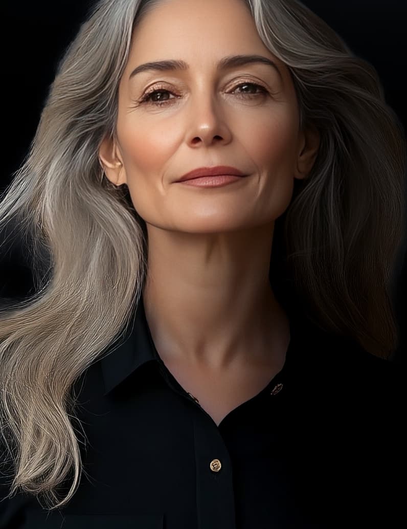 Model with long silky gray hair staring forward