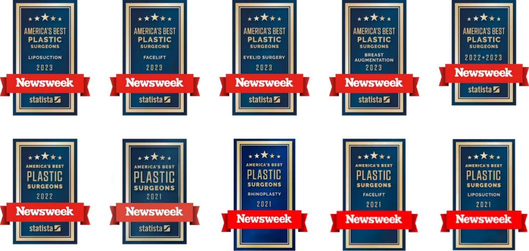 America's Best Plastic Surgeon for newsweek 2021 for surgeon, rhinoplasty, facelift, and liposuction. 2022-2023 for surgeon. 2023 for liposuction, facelift, eyelid surgery, and breast augmentation