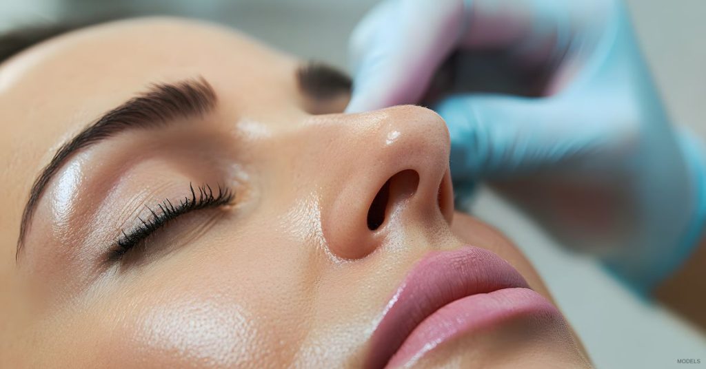 A woman getting their nose examined. (Models)