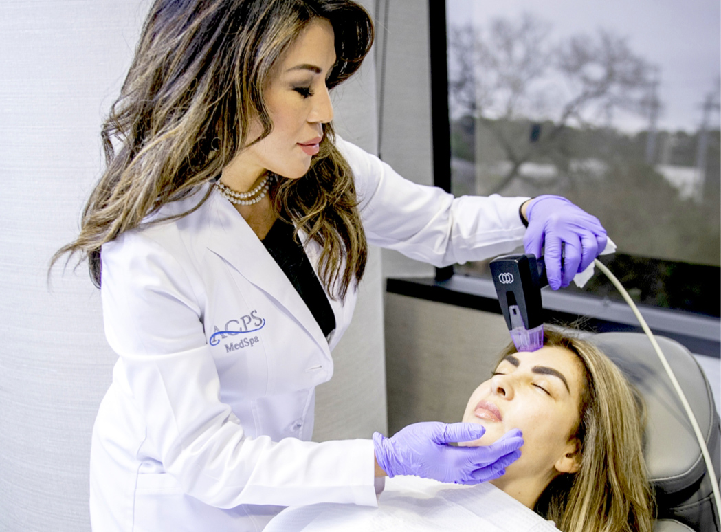Provider performing a non-surgical skin rejuvenation treatment on a patient in a medical spa.